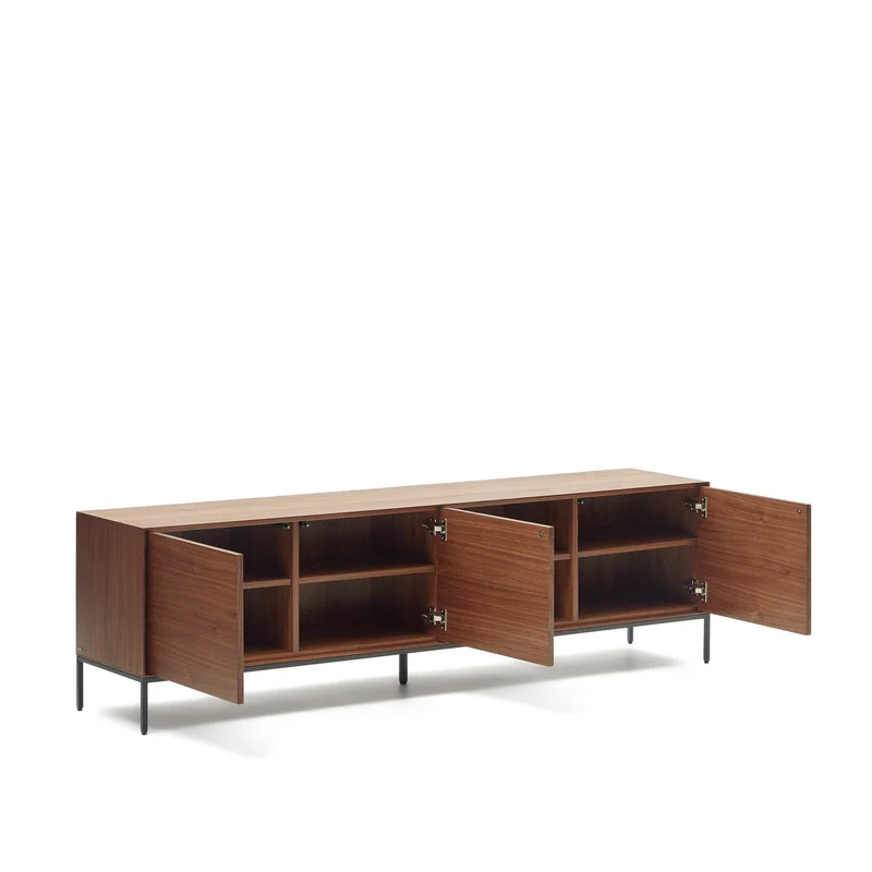 Vedrana 3-door TV stand in walnut veneer with black steel legs, 195 x 55 cm