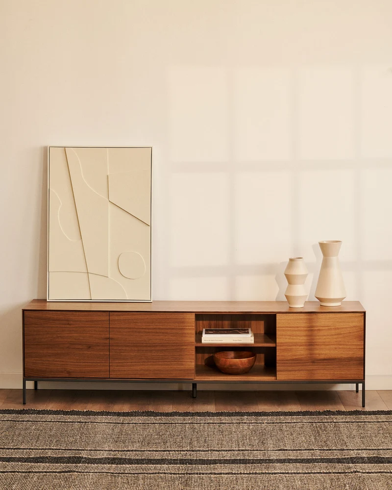 Vedrana 3-door TV stand in walnut veneer with black steel legs, 195 x 55 cm