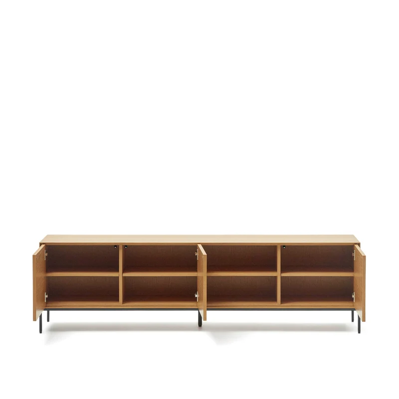 Vedrana 3-door TV stand in oak veneer with black steel legs, 195 x 55 cm