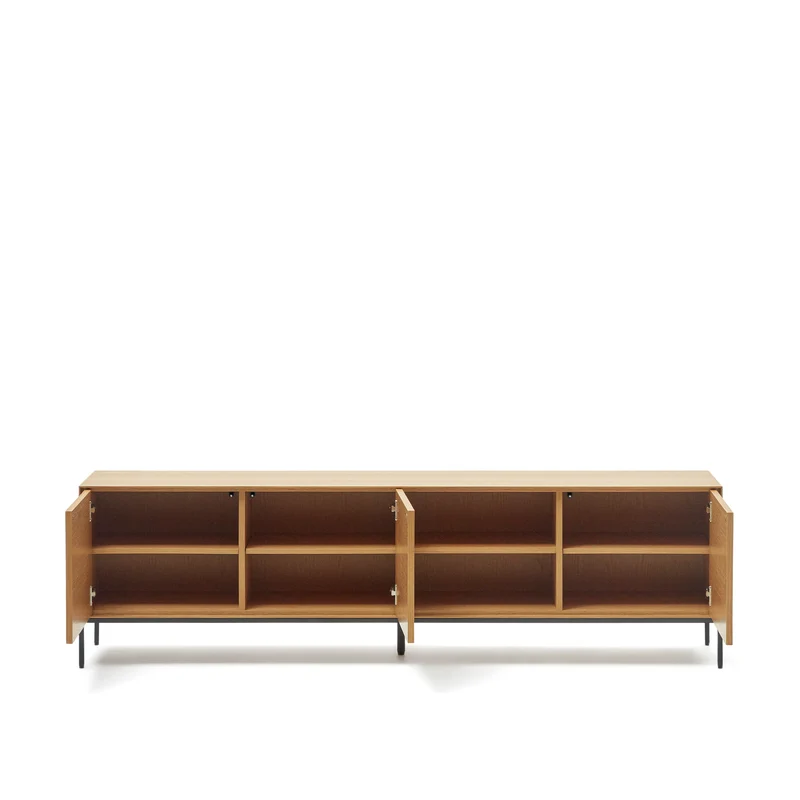 Vedrana 3-door TV stand in oak veneer with black steel legs, 195 x 55 cm