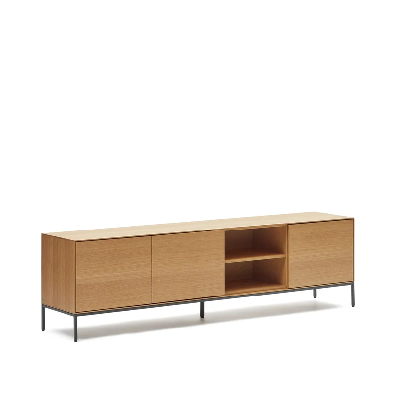 Vedrana 3-door TV stand in oak veneer with black steel legs, 195 x 55 cm