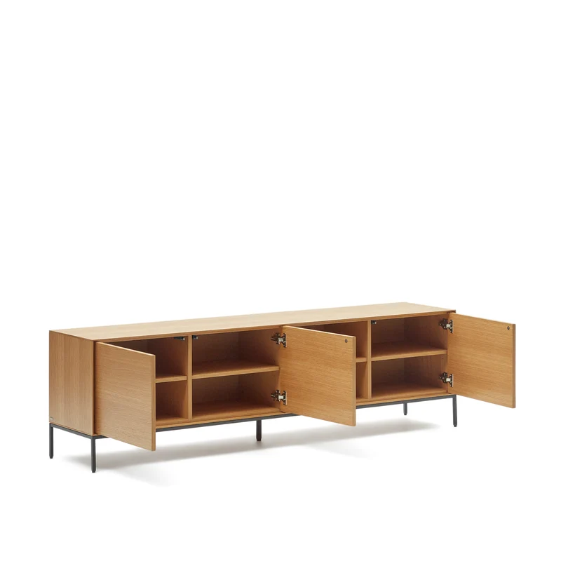Vedrana 3-door TV stand in oak veneer with black steel legs, 195 x 55 cm