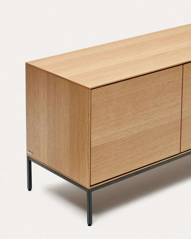 Vedrana 3-door TV stand in oak veneer with black steel legs, 195 x 55 cm