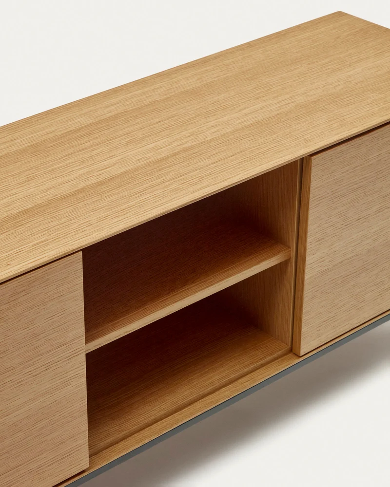 Vedrana 3-door TV stand in oak veneer with black steel legs, 195 x 55 cm