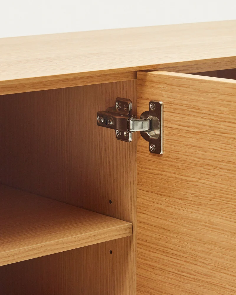 Vedrana 3-door TV stand in oak veneer with black steel legs, 195 x 55 cm