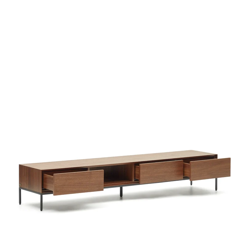 Vedrana 3 drawer TV stand in walnut veneer with black steel legs, 195 x 35 cm
