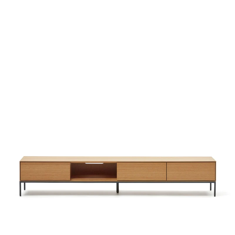 Vedrana 3 drawer TV stand in oak veneer with black steel legs, 195 x 35 cm