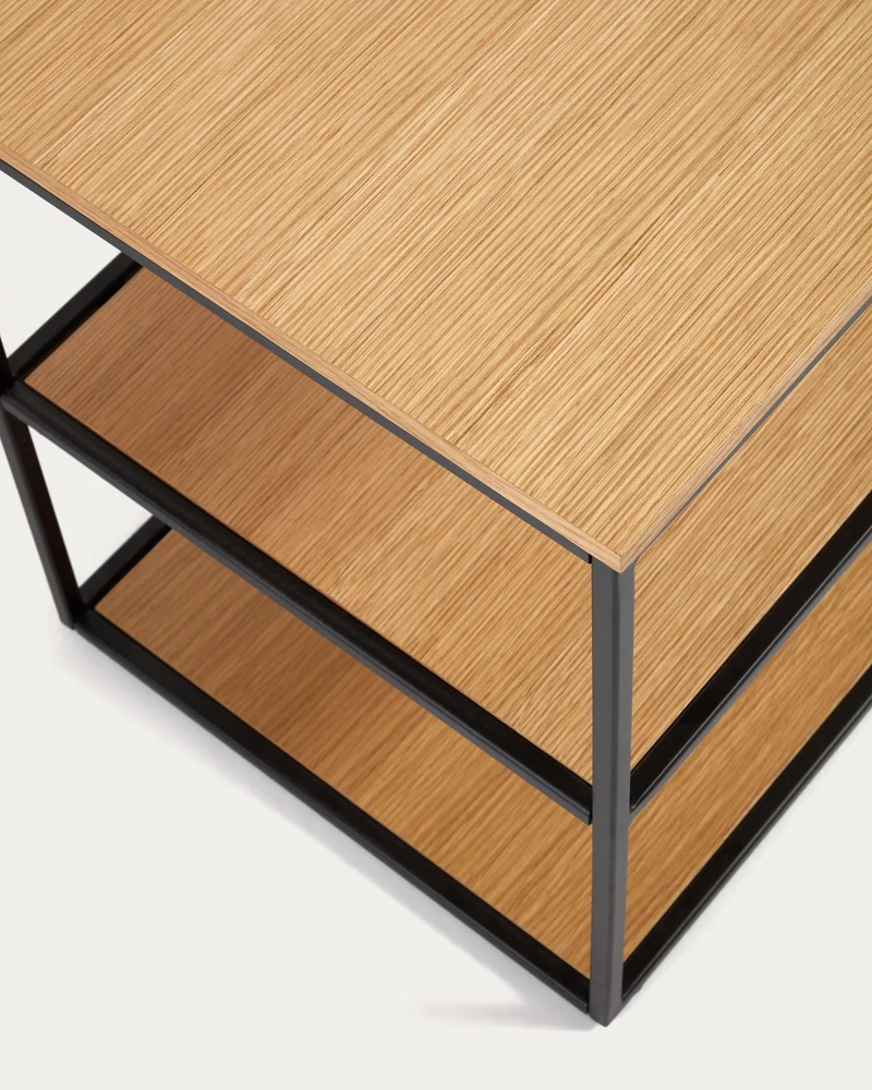 Yoana TV stand with an oak wood veneer and painted black metal structure, 160 x 40 cm
