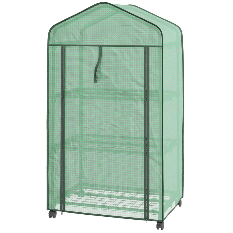 Mini serre de jardin à roulettes compacte 69 x 49 x 130 cm porte enroulable 3 étagères contemporain épuré en acier vert 21_0005437