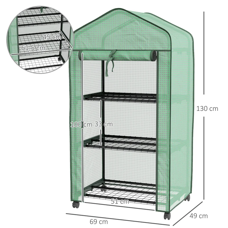 Mini serre de jardin à roulettes compacte 69 x 49 x 130 cm porte enroulable 3 étagères contemporain épuré en acier vert 21_0005437