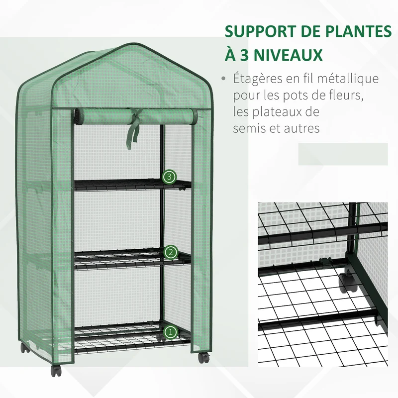 Mini serre de jardin à roulettes compacte 69 x 49 x 130 cm porte enroulable 3 étagères contemporain épuré en acier vert 21_0005437