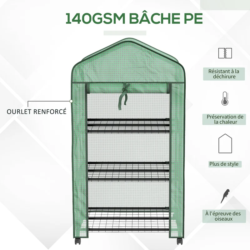 Mini serre de jardin à roulettes compacte 69 x 49 x 130 cm porte enroulable 3 étagères contemporain épuré en acier vert 21_0005437