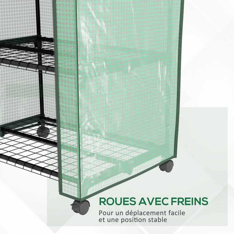 Mini serre de jardin à roulettes compacte 69 x 49 x 130 cm porte enroulable 3 étagères contemporain épuré en acier vert 21_0005437