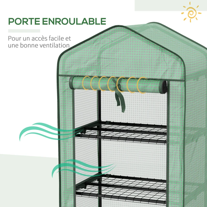 Mini serre de jardin à roulettes compacte 69 x 49 x 130 cm porte enroulable 3 étagères contemporain épuré en acier vert 21_0005437
