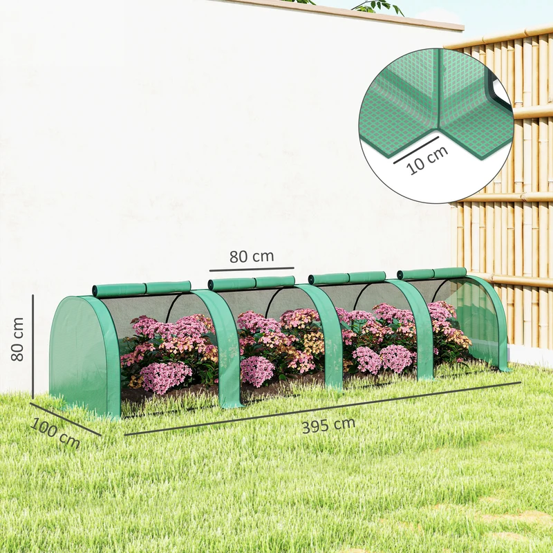 Mini serre de jardin 395 x 100 x 80 cm 4 portes fermeture éclair protection anti-uv design contemporain en acier vert 21_0004109