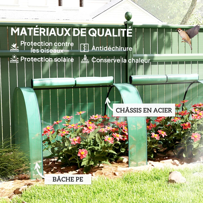 Mini serre de jardin 395 x 100 x 80 cm 4 portes fermeture éclair protection anti-uv design contemporain en acier vert 21_0004109