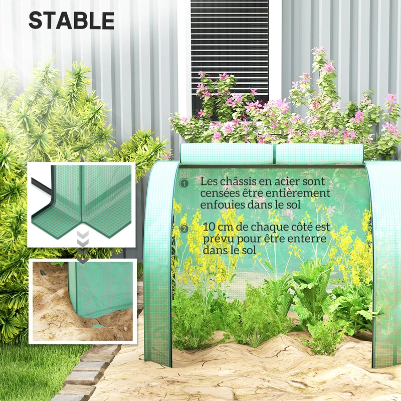 Mini serre de jardin 395 x 100 x 80 cm 4 portes fermeture éclair protection anti-uv design contemporain en acier vert 21_0004109