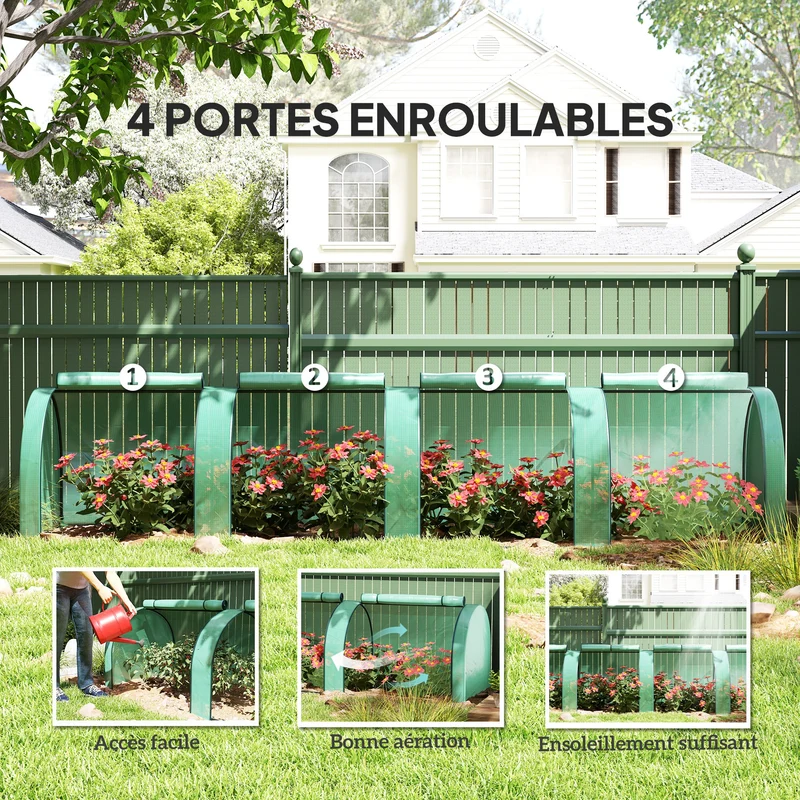 Mini serre de jardin 395 x 100 x 80 cm 4 portes fermeture éclair protection anti-uv design contemporain en acier vert 21_0004109