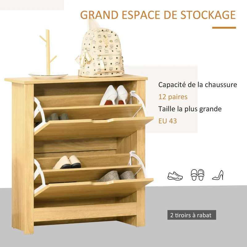Meuble à chaussures entrée 72 x 26 x 80 cm 4 compartiments antibasculement épuré en panneaux de particules bois naturel 21_0002599