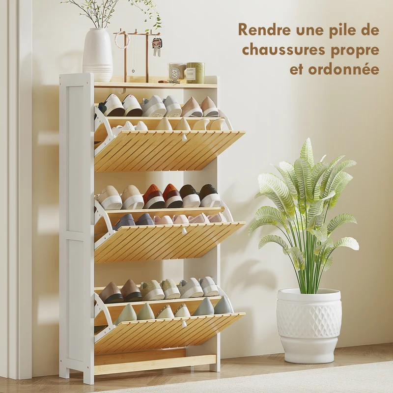 Meuble à chaussures entrée 60 x 24 x 118 cm 3 tiroirs séparateurs réglables style scandinave épuré salon en MDF blanc 21_0002756