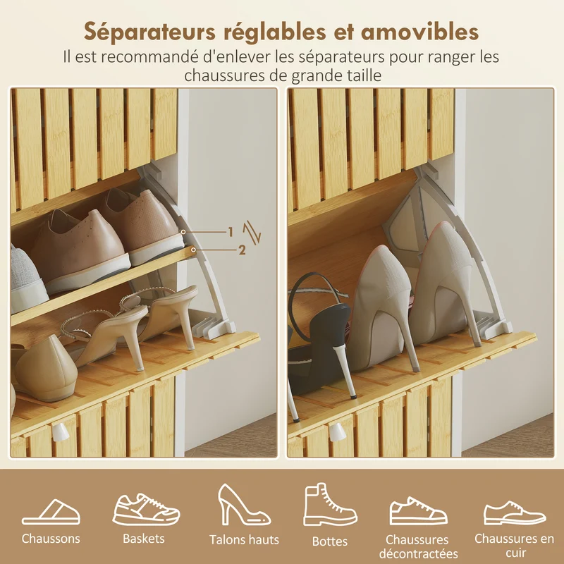 Meuble à chaussures entrée 60 x 24 x 118 cm 3 tiroirs séparateurs réglables style scandinave épuré salon en MDF blanc 21_0002756
