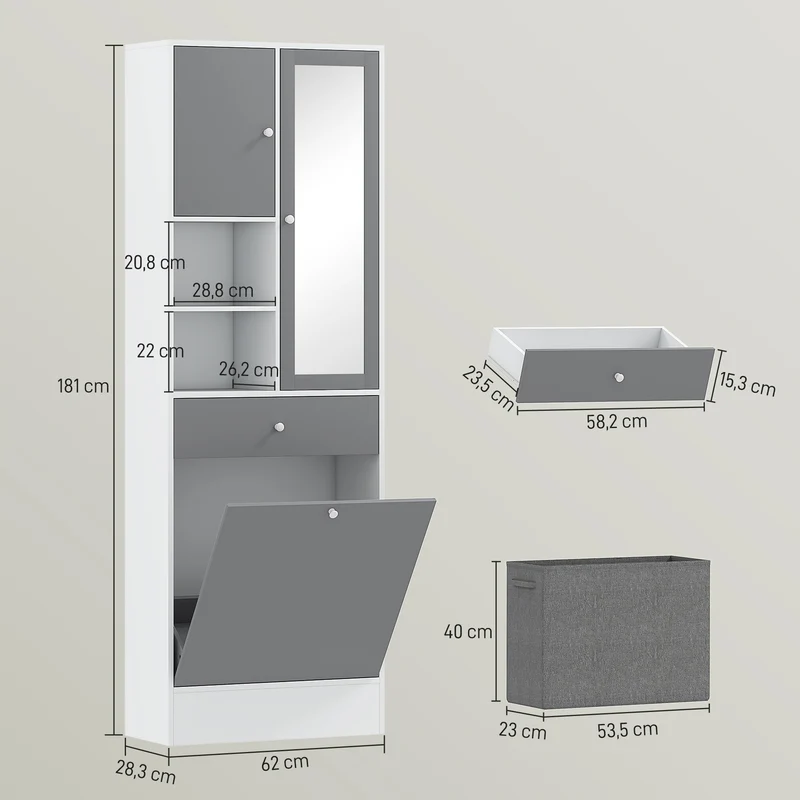 Meuble salle de bain avec panier à linge et miroir 62 x 28,3 x 181 cm rangement moderne en panneau de particules gris 21_0002051