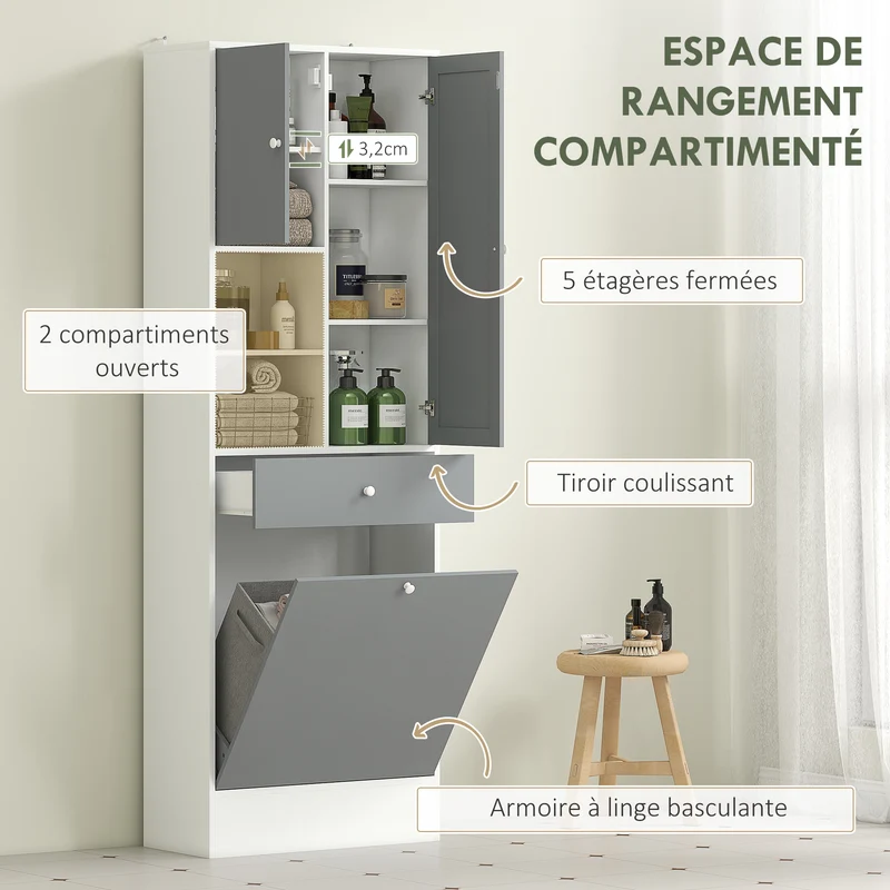 Meuble salle de bain avec panier à linge et miroir 62 x 28,3 x 181 cm rangement moderne en panneau de particules gris 21_0002051