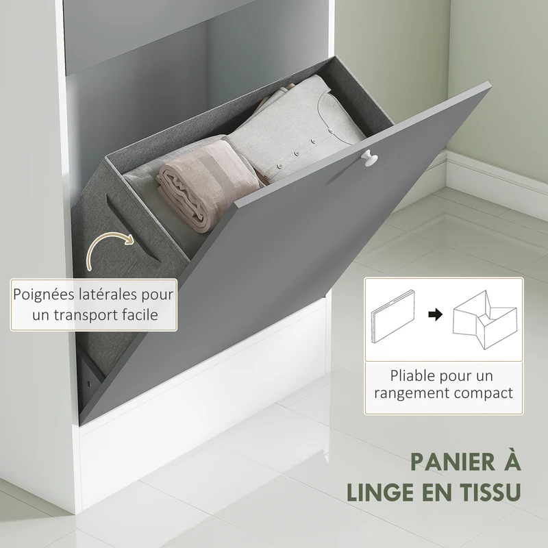 Meuble salle de bain avec panier à linge et miroir 62 x 28,3 x 181 cm rangement moderne en panneau de particules gris 21_0002051