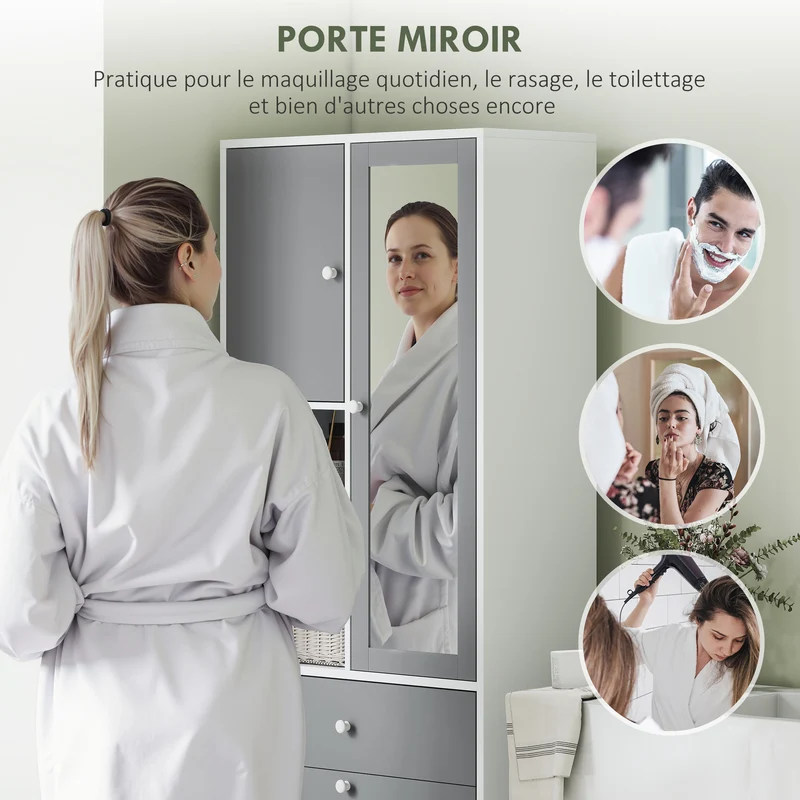 Meuble salle de bain avec panier à linge et miroir 62 x 28,3 x 181 cm rangement moderne en panneau de particules gris 21_0002051
