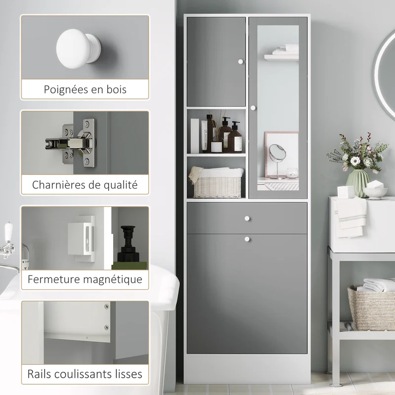 Meuble salle de bain avec panier à linge et miroir 62 x 28,3 x 181 cm rangement moderne en panneau de particules gris 21_0002051