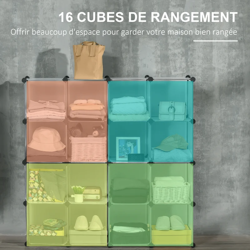 Meuble de rangement modulable 16 cubes 125 x 32 x 125 cm empilable rangement chaussures salon épuré moderne en PP blanc 21_0005804