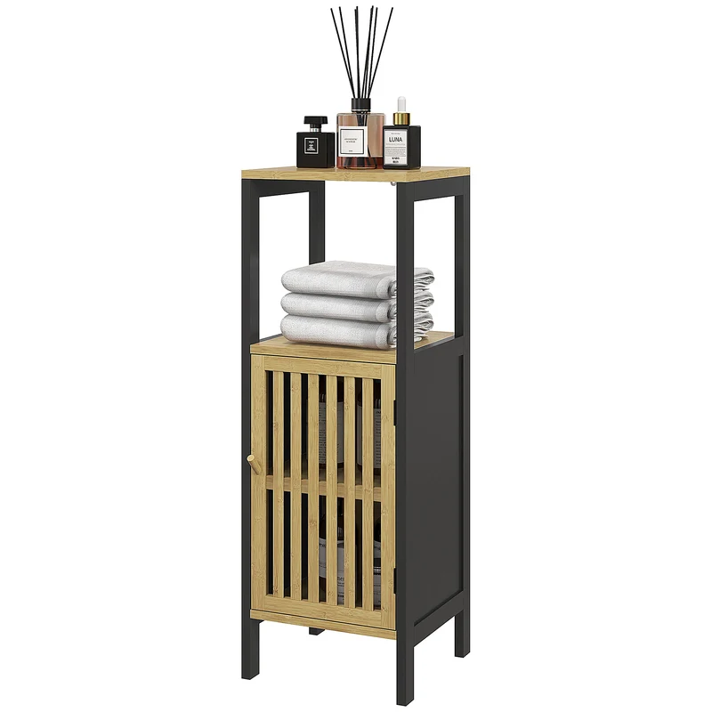 Meuble bas salle de bain placard une porte niche ouverte 32 x 30 x 90,5 cm étagères réglables scandinave en bambou noir 21_0002010
