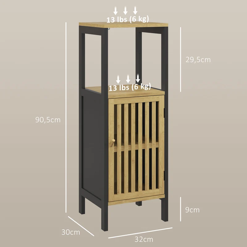 Meuble bas salle de bain placard une porte niche ouverte 32 x 30 x 90,5 cm étagères réglables scandinave en bambou noir 21_0002010