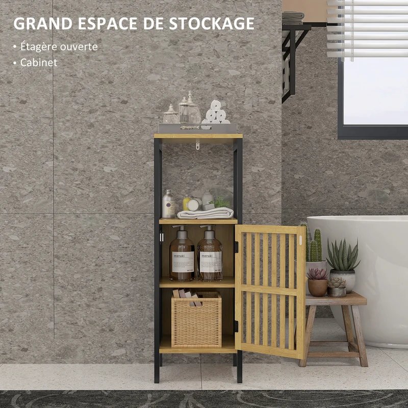 Meuble bas salle de bain placard une porte niche ouverte 32 x 30 x 90,5 cm étagères réglables scandinave en bambou noir 21_0002010