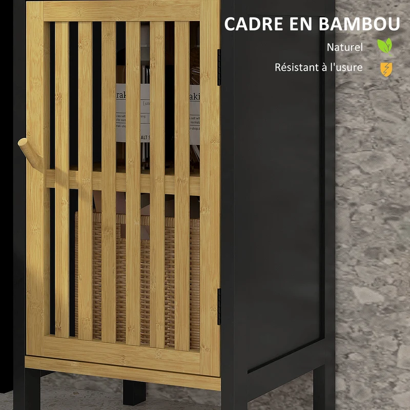 Meuble bas salle de bain placard une porte niche ouverte 32 x 30 x 90,5 cm étagères réglables scandinave en bambou noir 21_0002010