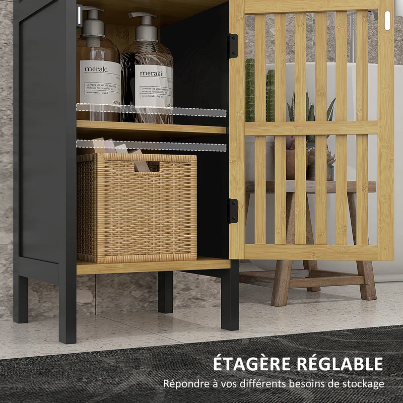Meuble bas salle de bain placard une porte niche ouverte 32 x 30 x 90,5 cm étagères réglables scandinave en bambou noir 21_0002010