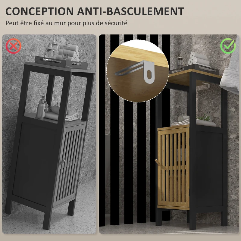 Meuble bas salle de bain placard une porte niche ouverte 32 x 30 x 90,5 cm étagères réglables scandinave en bambou noir 21_0002010