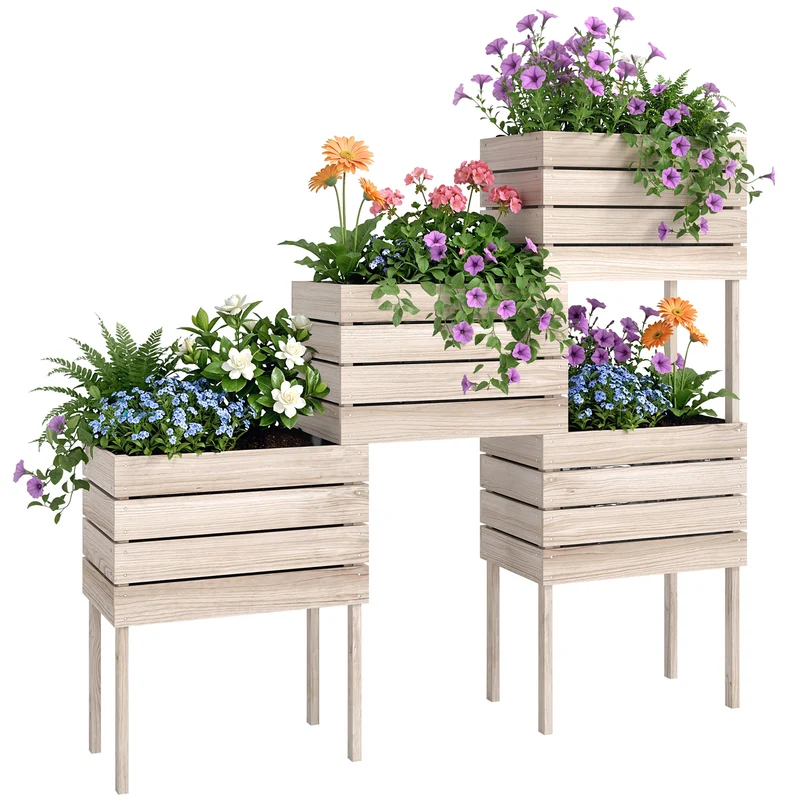 Lot de 4 jardinières potagères sur pieds modulables 50 x 30 x 60 cm ergonomiques gain de place rustique en bois naturel 21_0004149