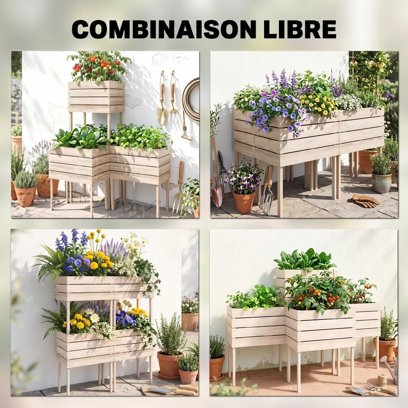 Lot de 4 jardinières potagères sur pieds modulables 50 x 30 x 60 cm ergonomiques gain de place rustique en bois naturel 21_0004149