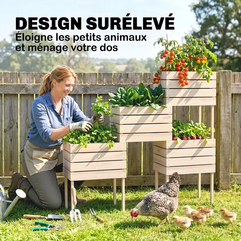 Lot de 4 jardinières potagères sur pieds modulables 50 x 30 x 60 cm ergonomiques gain de place rustique en bois naturel 21_0004149