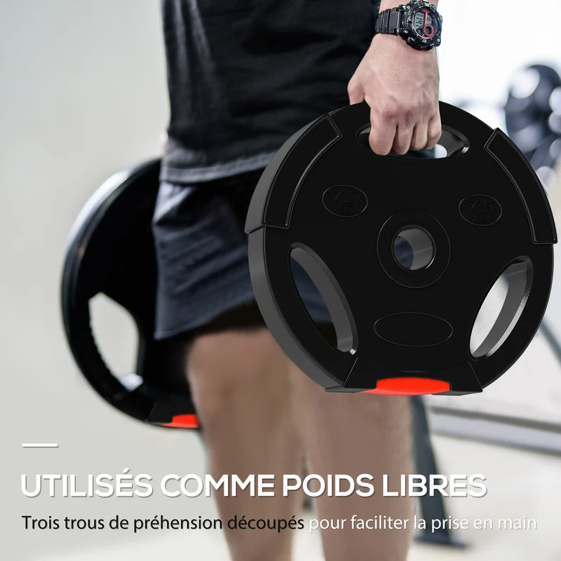 Lot de 4 disques de poids musculation 27 x 4,5 et 30 x 5,5 cm 3 prises protège sol moderne compact en polypropylène noir 21_0006863