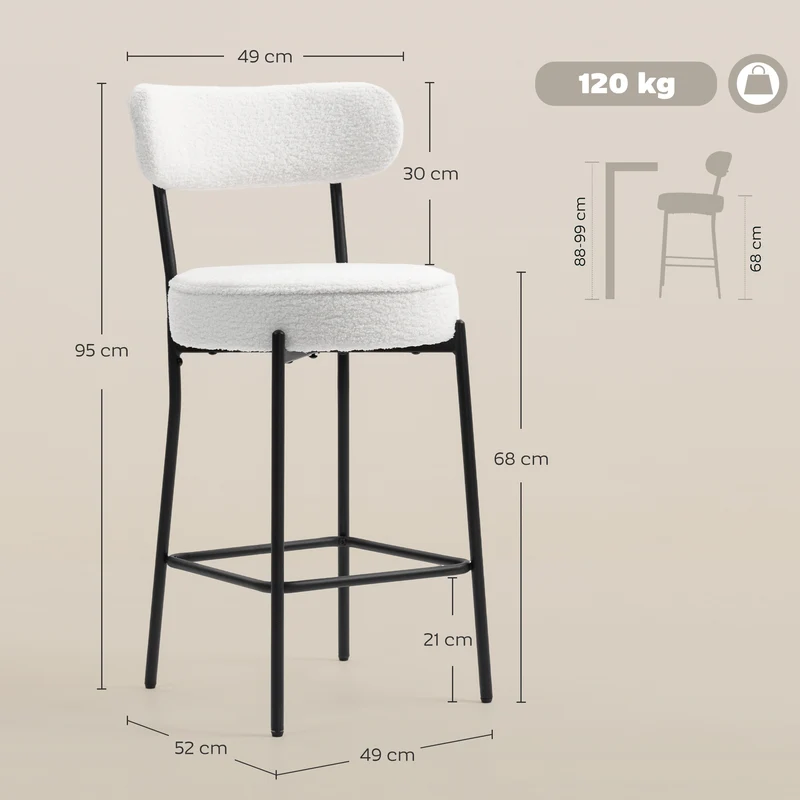 Lot de 2 tabourets de bar dossier courbé 49 x 52 x 95 cm assise rembourrée minimaliste cuisine en tissu bouclette crème 21_0003343