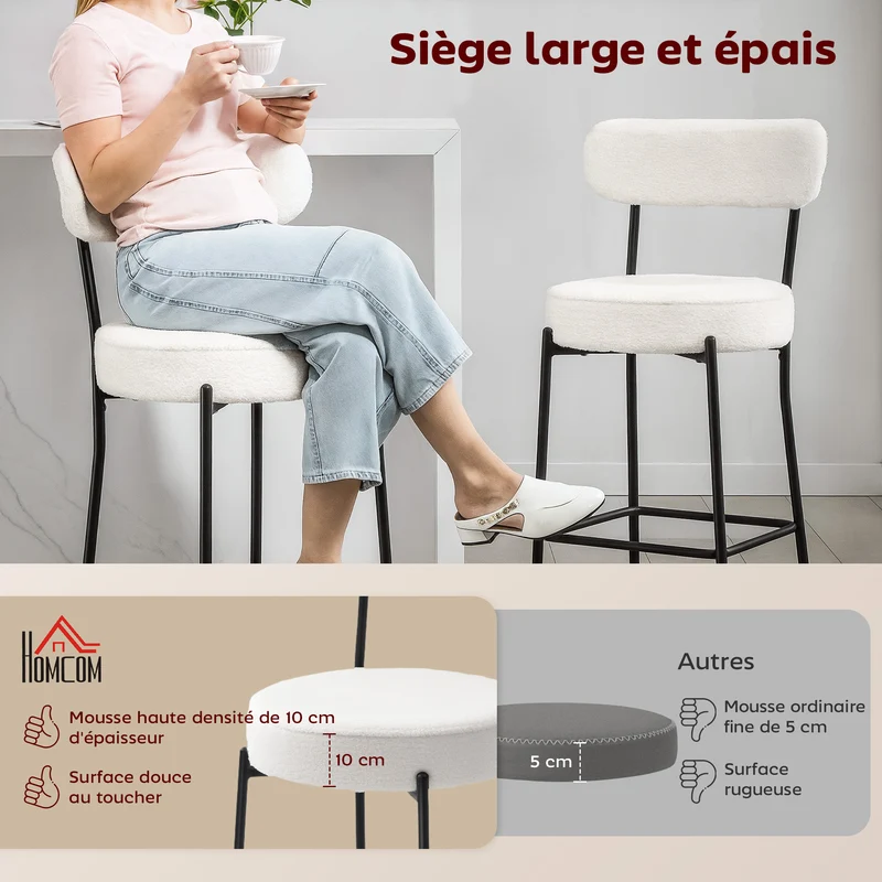 Lot de 2 tabourets de bar dossier courbé 49 x 52 x 95 cm assise rembourrée minimaliste cuisine en tissu bouclette crème 21_0003343