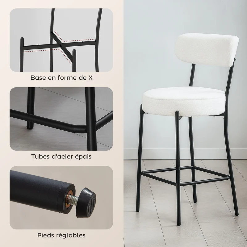 Lot de 2 tabourets de bar dossier courbé 49 x 52 x 95 cm assise rembourrée minimaliste cuisine en tissu bouclette crème 21_0003343