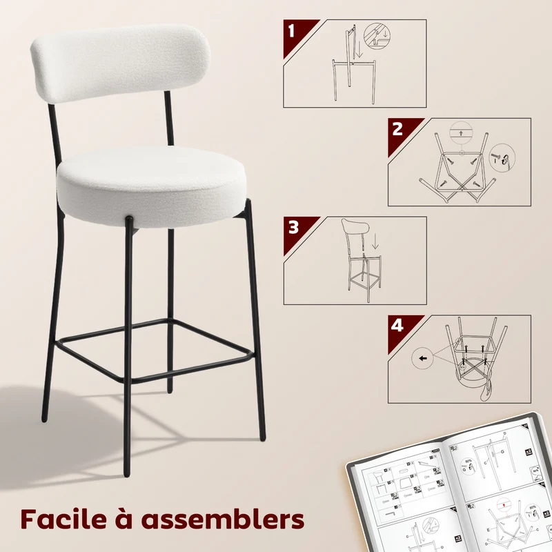 Lot de 2 tabourets de bar dossier courbé 49 x 52 x 95 cm assise rembourrée minimaliste cuisine en tissu bouclette crème 21_0003343