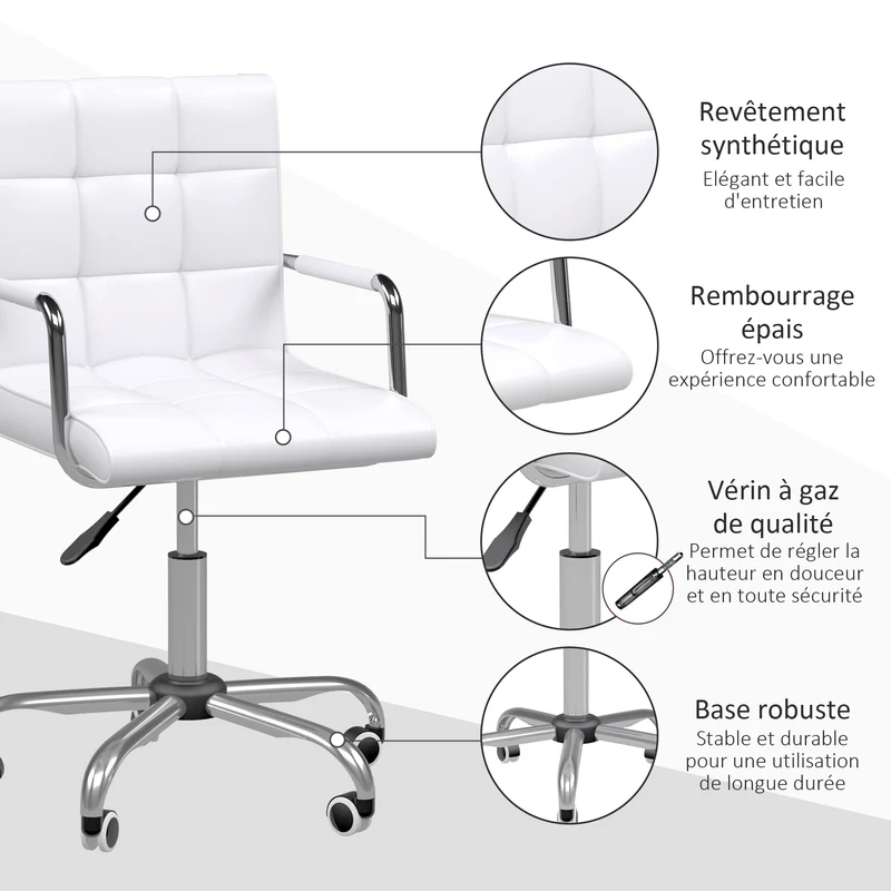 Lot de 2 chaises de bureau pivotantes 53 x 54 x 84-99 cm réglables ergonomiques moderne en revêtement synthétique blanc 21_0006349