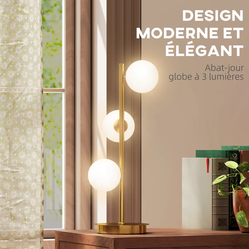 Lampe de table salon à globes 53 x 17 x 17 cm éclairage doux base stable design moderne ambiance cosy en acier laiton 21_0007066