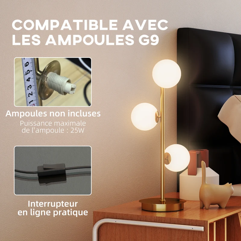 Lampe de table salon à globes 53 x 17 x 17 cm éclairage doux base stable design moderne ambiance cosy en acier laiton 21_0007066