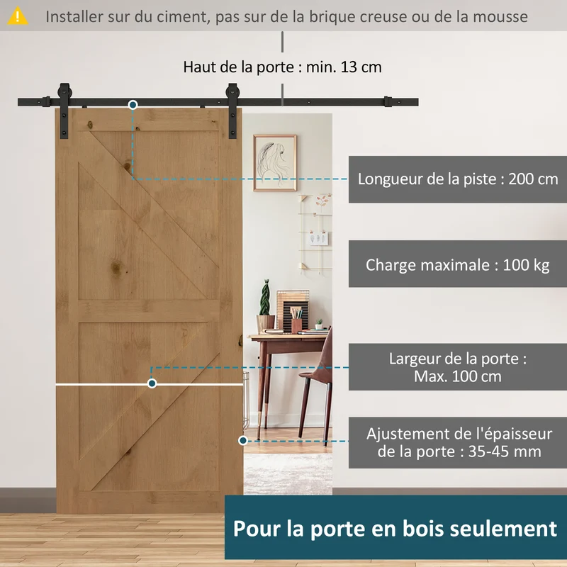 Kit de porte coulissante galandage intérieur 200 x 4 x 1 cm gain d'espace montage facile salon design en acier noir 21_0007142