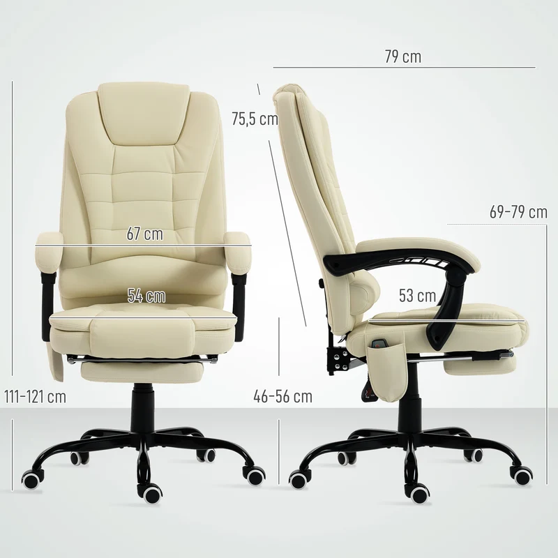 Fauteuil de bureau massant 67 x 79 x 111-121 cm dossier inclinable repose-pieds mousse moderne en polyuréthane beige 21_0006193